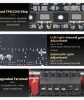 Close-up of Power Amplifier Board With Bluetooth 5.2 And Dual TPA3255 Chips, showing chip layout and gain adjustment terminals.
