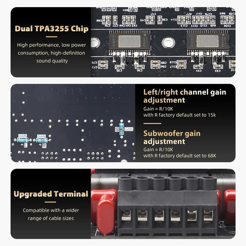 Close-up of Power Amplifier Board With Bluetooth 5.2 And Dual TPA3255 Chips, showing chip layout and gain adjustment terminals.