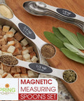 Magnetic Stainless Steel Measuring Spoons Set 8 Pieces With Leveler, displayed with spices and herbs on kitchen counter, Black.