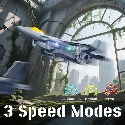 RC Planes For Kids And Adults With LED Lights V50 Foam Remote Control Airplane hovering in urban background with speed modes shown