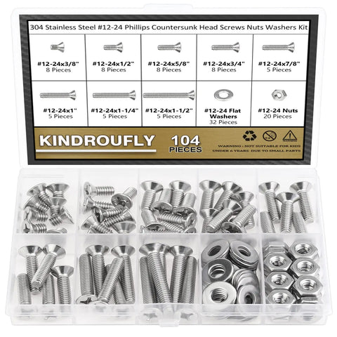 Pro Shop Tested 104 Piece 12-24 Thread Phillips Countersunk Head Machine Screw Assortment Kit featuring nuts and washers in clear storage.