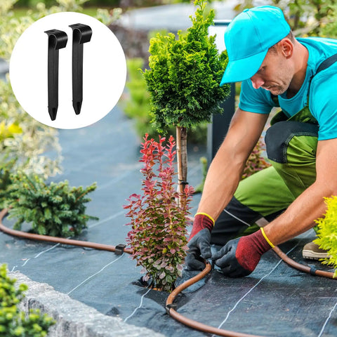 Gardener using Pack Of 100 Half Inch Irrigation Tubing Hold Down Stakes Beefed Up Heavy Duty Anchors For Sprinkler Garden Landscaping Drip Lines Three Quarters Inch By Four Point Three Three Inch in landscape scene