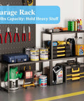 Expandable Metal Storage Shelves With 110 Lbs Capacity Heavy Duty Adjustable Rack in garage holding tools and supplies