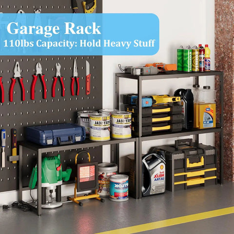 Expandable Metal Storage Shelves With 110 Lbs Capacity Heavy Duty Adjustable Rack in garage holding tools and supplies