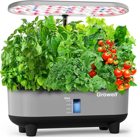 16 Pod Hydroponics Growing System Kit With 28W Full Spectrum LED showcasing lush herbs and tomatoes in 8L indoor garden