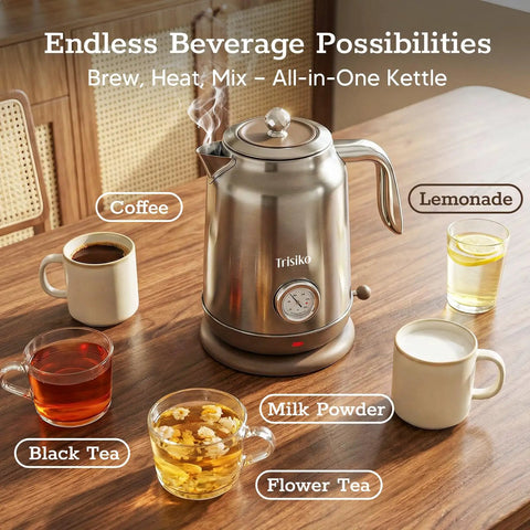 1.7L Large Electric Kettle With Thermometer, 1200W Fast Boil, auto shut-off, 304 stainless steel, chrome finish on table with drinks