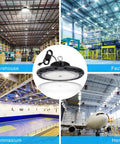 LED High Bay UFO Light 150W, 22,500 Lumens, 5000 Kelvin, UL Approved shown in warehouse, factory, gymnasium, and hangar