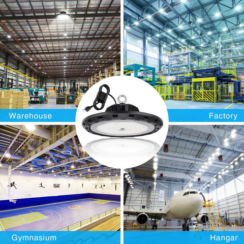 LED High Bay UFO Light 150W, 22,500 Lumens, 5000 Kelvin, UL Approved shown in warehouse, factory, gymnasium, and hangar