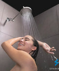 Woman enjoying shower under High Pressure Rain Shower Head With No Tools Needed Easy Install, Luxury Brushed Nickel 6 Inch Round