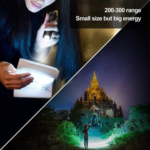 Ultra Bright Tactical Flashlight 2 Pack Mini LED illuminating notebook and distant temple at night, highlighting dual functionality