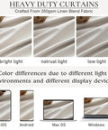 Comparison of heavy duty linen blend fabric under bright, natural, and low light conditions for Total Blackout Curtains 96 Inches Long For Bedroom And Living Room Two Panel Set, Heavy Thermal Rustic Beige Linen Burlap Look, Cozy Up Your Space With 50Wx96L Fit For 8 Foot Tall Windows, Track System Window Treatments For Modern Farmhouse Style.
