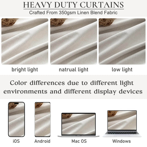 Comparison of heavy duty linen blend fabric under bright, natural, and low light conditions for Total Blackout Curtains 96 Inches Long For Bedroom And Living Room Two Panel Set, Heavy Thermal Rustic Beige Linen Burlap Look, Cozy Up Your Space With 50Wx96L Fit For 8 Foot Tall Windows, Track System Window Treatments For Modern Farmhouse Style.