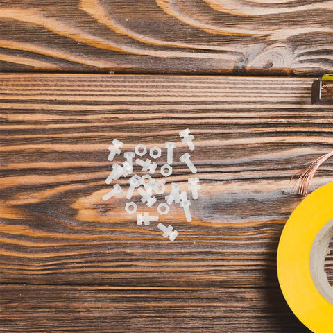 100 Pieces Acrylic Triangle Corner Fasteners Kit With M3x6 Round Head Screws And M3x2.4 Hex Nuts on wooden surface