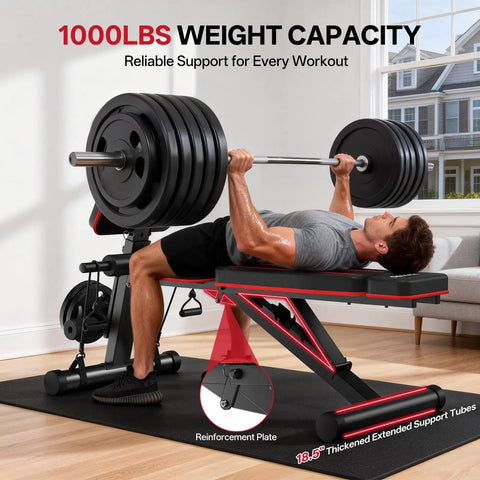Heavy Duty 1000 LB Adjustable Weight Bench For Home Gym With Foldable Frame Incline Decline And Flat Positions Red MD55