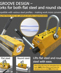 Heavy Duty Neodymium Lifting Magnet With Quick Snap Action Handle For Steel Plates And Shop Cranes Built Like A Tank For Rock Solid Performance At Four Thousand Four Hundred Pound Pull lifting flat and round steel, showcasing V-groove design.