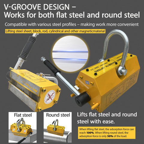 Heavy Duty Neodymium Lifting Magnet With Quick Snap Action Handle For Steel Plates And Shop Cranes Built Like A Tank For Rock Solid Performance At Four Thousand Four Hundred Pound Pull lifting flat and round steel, showcasing V-groove design.