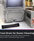 Legit Nugget Ice Maker showing the front drain feature and included descaling powder for easy maintenance.