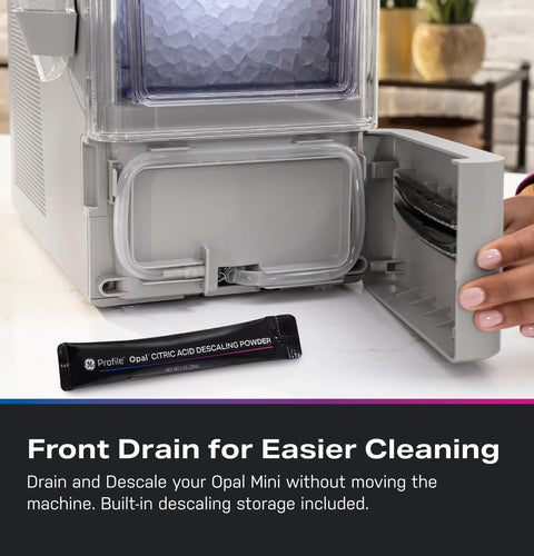 Legit Nugget Ice Maker showing the front drain feature and included descaling powder for easy maintenance.