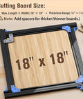 Buttery Smooth Adjustable Router Jig For Cutting Board Handles Corner Guide showing 18" x 18" size specifications and setup.