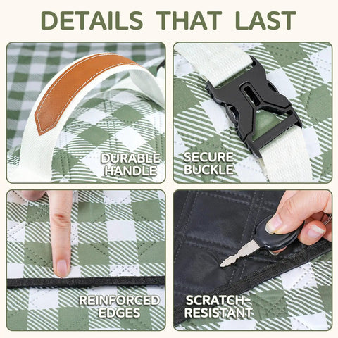 Waterproof Extra Large Picnic Blanket 80x80 Inches For Beach And Outdoor Camping showing handle, buckle, reinforced edges, and scratch-resistant fabric details