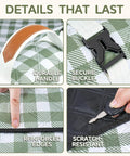 Close-up of Waterproof Picnic Blanket For Outdoor Adventures Extra Large 80x80 Inch Beach Mat Rug with handle, buckle, edges, and material.