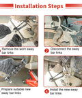 Two front sway bar links for Toyota Tacoma, four-step installation guide showing removal, disconnection, and reinstallation.