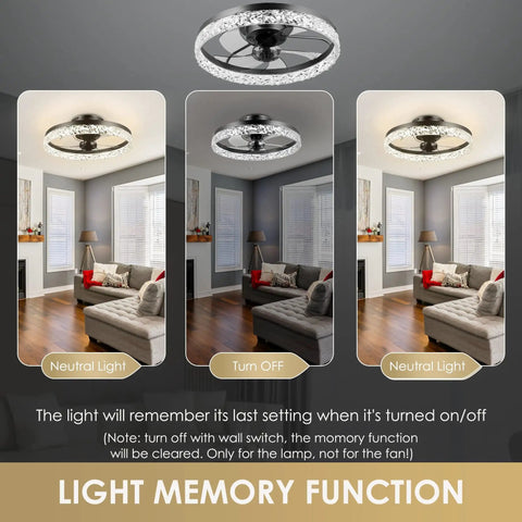 24-Inch Low Profile Ceiling Fan With Light Bladeless Flush Mount Remote And App Control in modern living room showing light memory function
