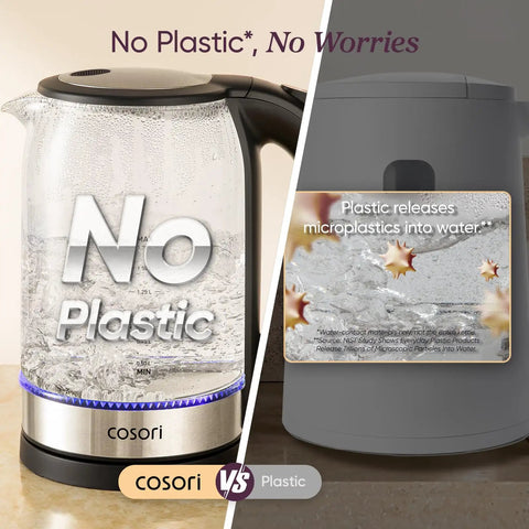 No Plastic Water Contact Electric Kettle With Wide Mouth Borosilicate Glass 1.7L, highlighting no plastic water contact feature.
