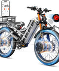 Badass 4000W Dual Motor Electric Bike For Adults, 46 Mph Ripping Speed, 70Ah Removable Battery, 200 Plus Mile Range, 26 By Four Inch Fat Tires, Full Suspension Off Road E Bike App Control Grey With Basket close-up showing dual motors and electric display.