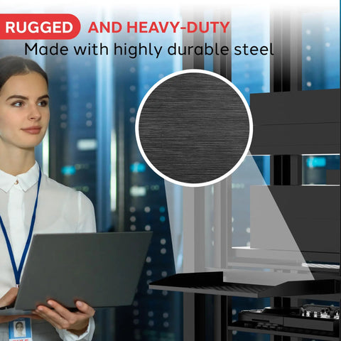 Heavy Duty Badass 19 Inch Server Rack Shelf And Universal 1U 2U Mounting Tray For IT Racks, close-up on durable black steel finish.