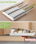2 Pack Expandable Pull Out Cabinet Organizers With No Drill Slide Out Drawers Custom Width setup showing raised pad design and smooth glide rails.