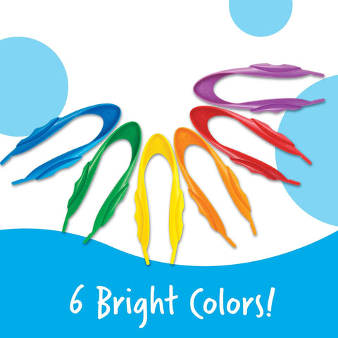Colorful jumbo tweezers for fine motor play, sensory bin tools and Montessori grabber, displayed in six bright colors.