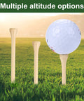 Durable Bamboo Golf Tees 100 Pack 3.25 Inches Long Biodegradable Eco Friendly Tees For Stable Drives Low Friction Side Spin Control Great For Practice Or On Course shown with golf ball on grass