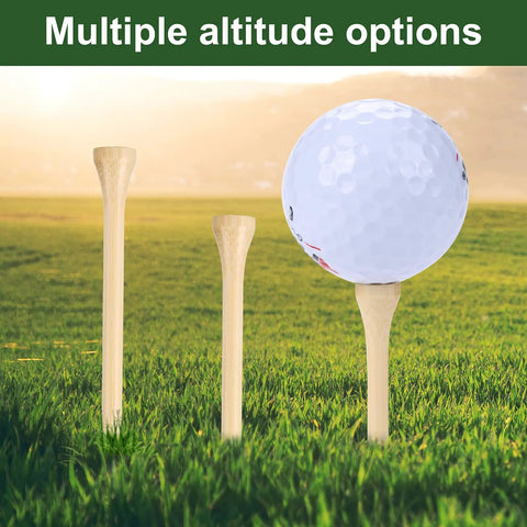 Durable Bamboo Golf Tees 100 Pack 3.25 Inches Long Biodegradable Eco Friendly Tees For Stable Drives Low Friction Side Spin Control Great For Practice Or On Course shown with golf ball on grass