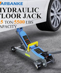2.5 Ton Heavy Duty Hydraulic Floor Jack With Low Profile Design, lifting a car, blue gray, portable handle and reflective tape visible