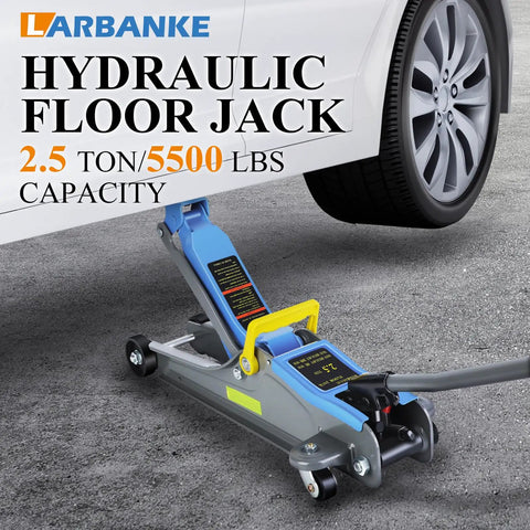 2.5 Ton Heavy Duty Hydraulic Floor Jack With Low Profile Design, lifting a car, blue gray, portable handle and reflective tape visible