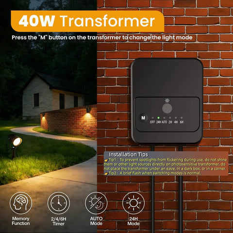 Low Voltage Landscape Lighting Kit Plug And Play With Dusk To Dawn Transformer. 40W transformer mounted on brick wall.