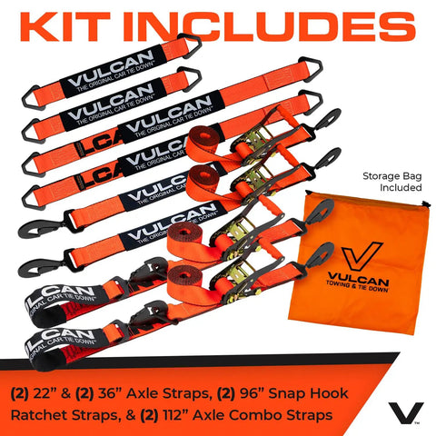 Ultimate Axle Tie Down Kit Pro Series Heavy Duty Webbing showing straps with lengths and storage bag for flatbed trailer hauling