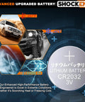 Advanced Upgraded Battery: SHOCKENT CR2032 Lithium Battery 3V showcasing extreme temperature ranges for performance.