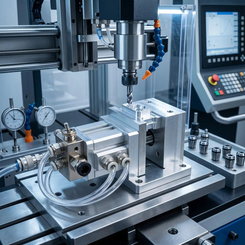 Aluminum Alloy Pneumatic Vise With No Sweat Air Powered Clamping Grip and Quick Connect Setup for CNC drilling and engraving.