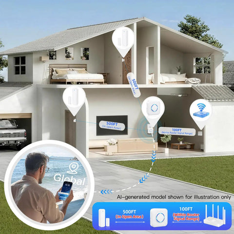 WiFi Door Sensor Chime For Smart Home Open Alert And Window Sensor Real Time App Alerts From Tuya Smart Life Perfect For Child Safety And Dementia Care Loud Chime With Five Volume Levels For Home Or Biz shown in house range diagram