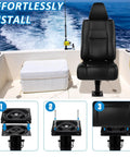 Two Pack Seven Inch Square Swivel Base Delivering A Tight Fit And Smooth Operator Spin Heavy Duty Flat Mount Bracket For Boat Seats Recliners And Bar Stools Black installed on a boat seat.