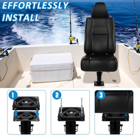 Two Pack Seven Inch Square Swivel Base Delivering A Tight Fit And Smooth Operator Spin Heavy Duty Flat Mount Bracket For Boat Seats Recliners And Bar Stools Black installed on a boat seat.