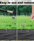 Heavy Duty Landscape Staples 120 Pack 8 Gauge 6 Inch Galvanized Garden Stakes Sod Pins For Plant Cover Tent Weed Barrier Fabric Turf And Outdoor Decor being hammered and removed from a fabric surface.