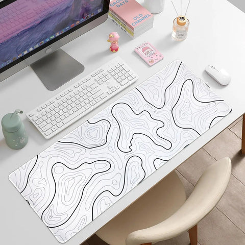 White Topographic Gaming Mouse Pad Desk Mat Extra Long 31.5 By 11.8 Inches Ultra Smooth Breathable Surface on desk setup