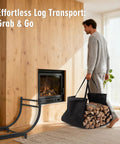 Man carrying detachable haul bag with logs by curved firewood rack for indoor and outdoor use, heavy duty metal log holder for fireplace