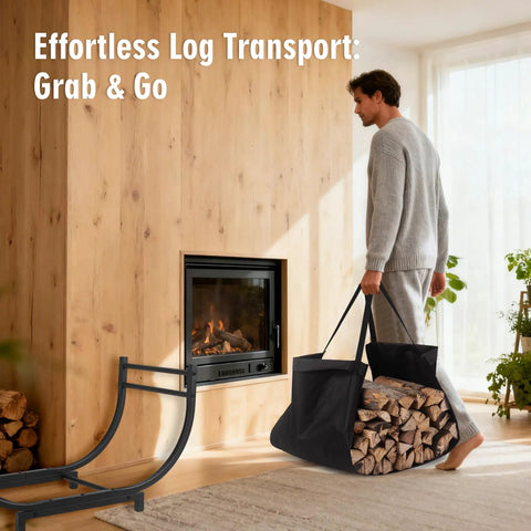 Man carrying detachable haul bag with logs by curved firewood rack for indoor and outdoor use, heavy duty metal log holder for fireplace