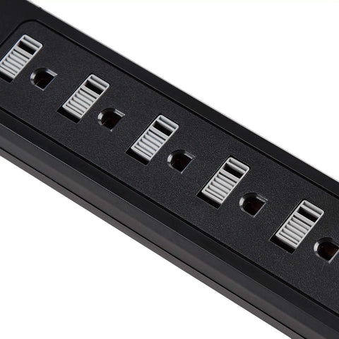 Six Outlet Surge Protector Power Strip With Two USB Ports Two Foot Cord 500 Joule Protection Black Finish 2 Pack close-up view