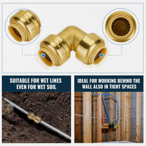 1/2 Inch Push-Fit Fittings Bulk Pack No Lead Brass Elbow 90 Degree for PEX Copper CPVC, suitable for wet lines and tight spaces