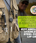 Fisherman's vest with Stainless Steel Fish Lip Grip with Ergonomic Handle and Spring Loaded Mechanism attached.